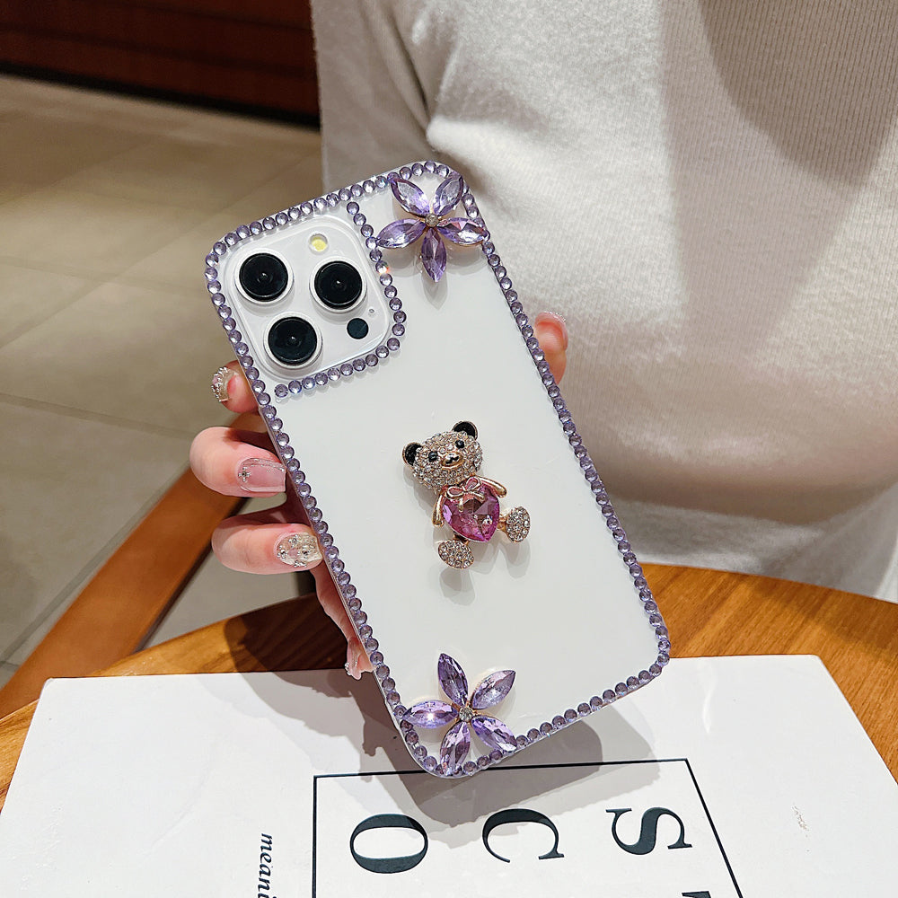 Crystal Stone Bear Heart Bling Flower Transparent Phone Case - iPhone 15 Plus