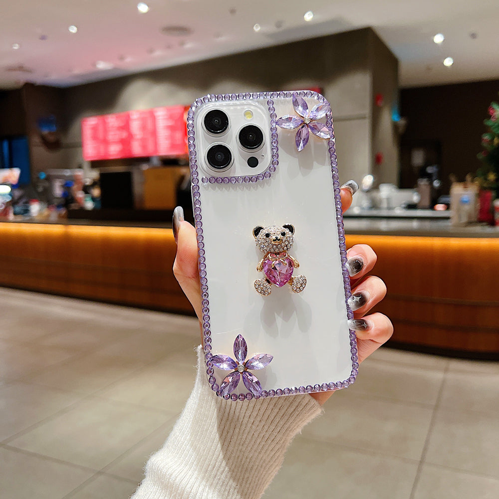 Crystal Stone Bear Heart Bling Flower Transparent Phone Case - iPhone 15 Plus