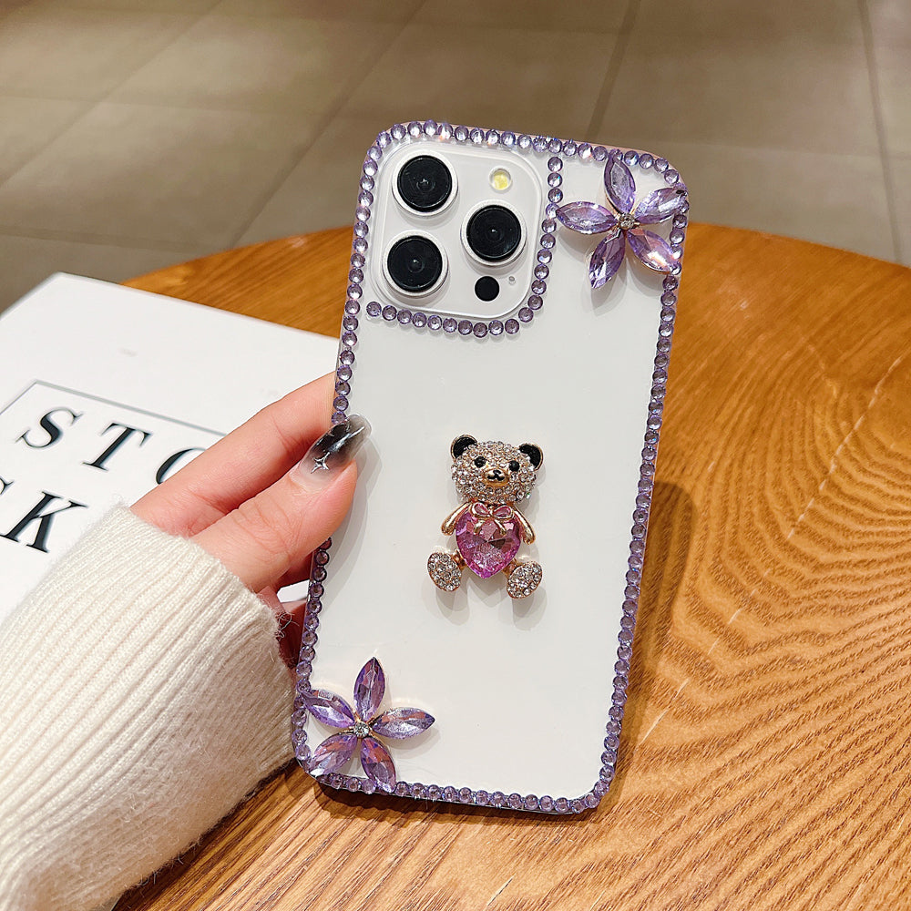 Crystal Stone Bear Heart Bling Flower Transparent Phone Case - iPhone 14