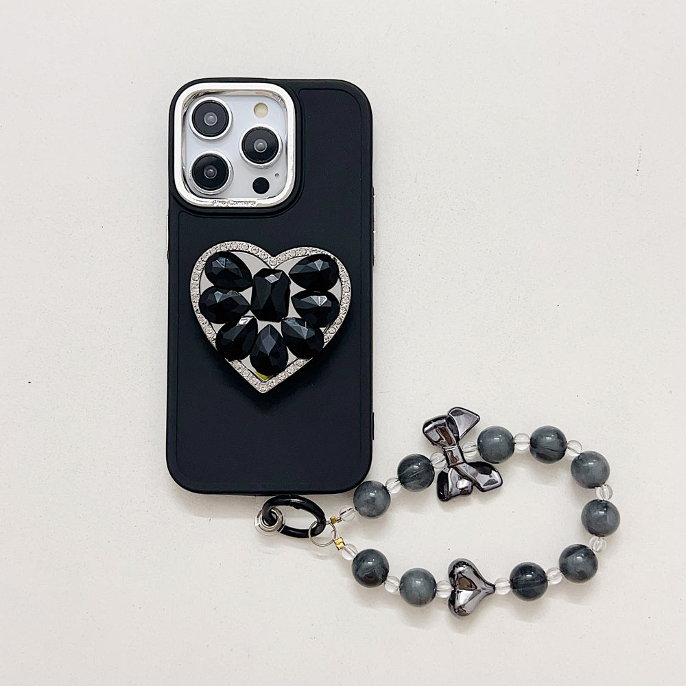 Stone Heart Shape Stand Silicone Soft Phone Cover with Bracelet - iPhone 16 Plus