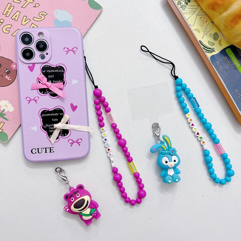 2 in 1 Heart Beads Bracelet and Hanging Cartoon Phone Charm